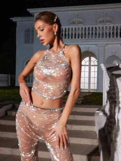 Embellishment*Embellishment Devin Crystal Chain Mesh Pants Set