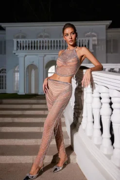 Embellishment*Embellishment Devin Crystal Chain Mesh Pants Set