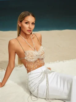 Beaded Wear | Tops*Mew Mews Fashion O/S Didrika Fringe Gemstone Beaded Bralette