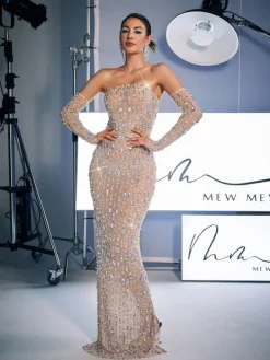 Embellishment | Dresses*Embellishment Douglas Strapless Rhinestone Maxi Dress With Gloves