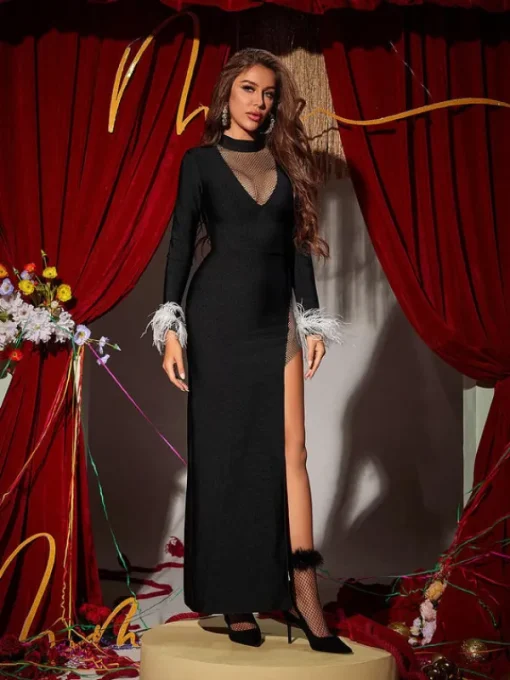 Dresses*Mew Mews Fashion Drusilla Long Sleeve Feather Split Bandage Dress In Black