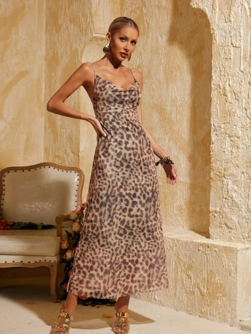 Midi Dresses | Dresses*Mew Mews Fashion Drynthia Spaghetti Leopard Midi Dress In Brown