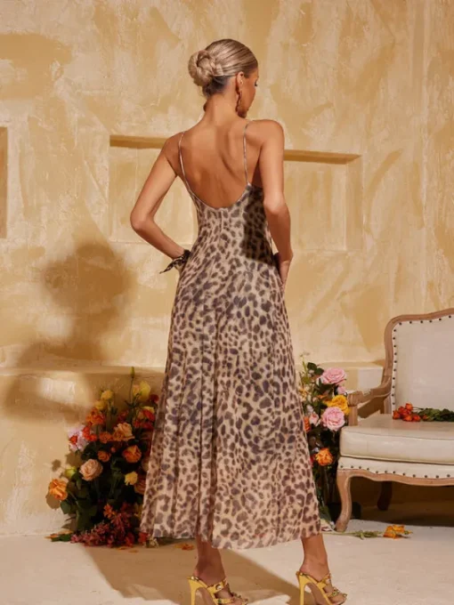 Midi Dresses | Dresses*Mew Mews Fashion Drynthia Spaghetti Leopard Midi Dress In Brown