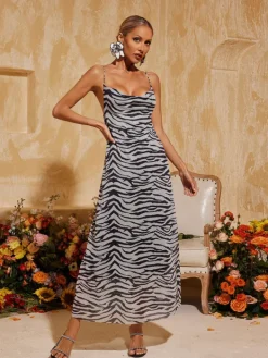 Dresses | Midi Dresses*Mew Mews Fashion Drynthia Spaghetti Zebra Midi Dress In Grey
