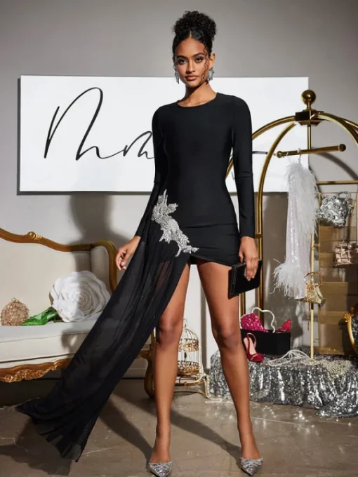 Dresses | Mini Dresses*Bandage Duald Long Sleeve Crystal Dress