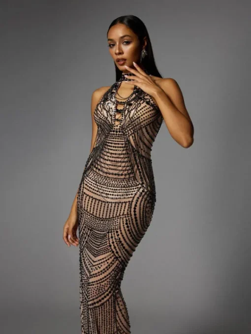 Dresses | Maxi Dresses*Jiu Bajia O/S Dyrrik Halterneck Rhinestone Chain Mesh Maxi Dress