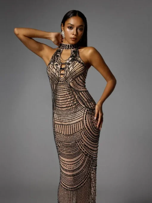 Dresses | Maxi Dresses*Jiu Bajia O/S Dyrrik Halterneck Rhinestone Chain Mesh Maxi Dress