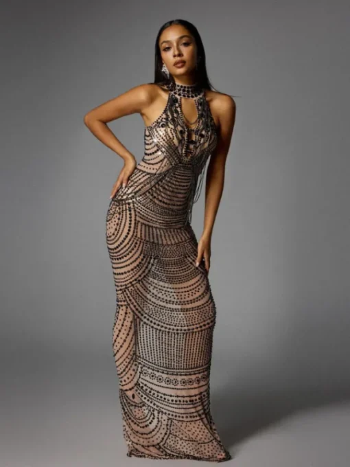 Dresses | Maxi Dresses*Jiu Bajia O/S Dyrrik Halterneck Rhinestone Chain Mesh Maxi Dress