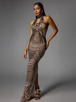 Dresses | Maxi Dresses*Jiu Bajia O/S Dyrrik Halterneck Rhinestone Chain Mesh Maxi Dress
