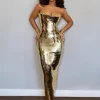 Dresses*Jiu Bajia O/S Eadward Strapless Metallic Midi Dress In Gold