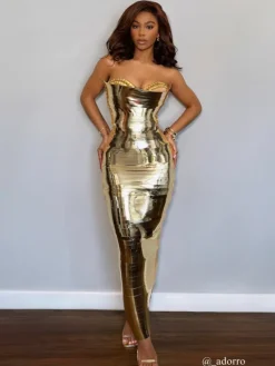 Dresses*Jiu Bajia O/S Eadward Strapless Metallic Midi Dress In Gold