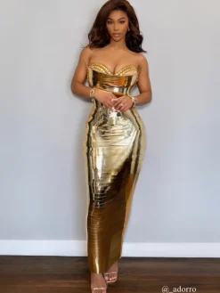 Dresses*Jiu Bajia O/S Eadward Strapless Metallic Midi Dress In Gold