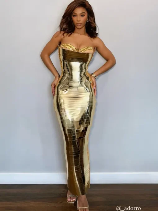 Dresses*Jiu Bajia O/S Eadward Strapless Metallic Midi Dress In Gold