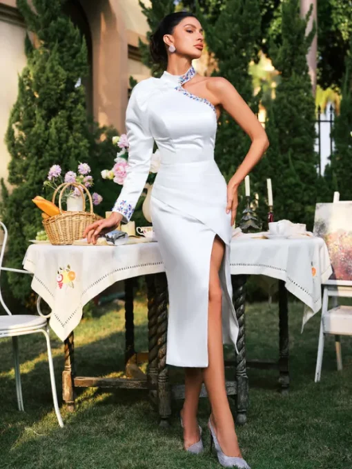 Dresses | Maxi Dresses*Mew Mews Fashion Earvin One Shoulder Crystal Satin Midi Dress
