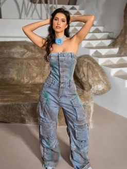 Jumpsuits & Romper*Mew Mews Fashion Eden Strapless Pocket Denim Jumpsuit In Green