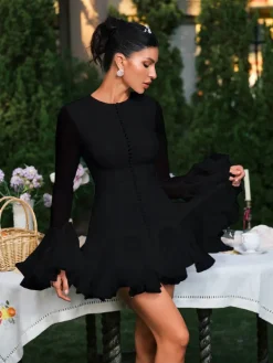 Dresses | Mini Dresses*Mew Mews Fashion Edsel Flare Sleeve Button Mini Dress In Black