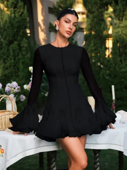 Dresses | Mini Dresses*Mew Mews Fashion Edsel Flare Sleeve Button Mini Dress In Black