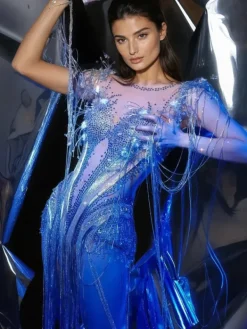 Bodysuits | Tops*W Jia Eirikian Rhinestone Fringe Mesh Bodysuit