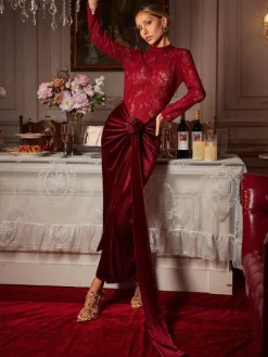 Maxi Dresses | Dresses*Mew Mews Fashion Eldrian Flower Ruched Split Lace Velvet Maxi Dress
