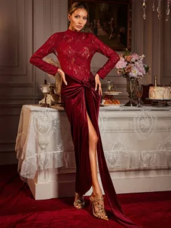 Maxi Dresses | Dresses*Mew Mews Fashion Eldrian Flower Ruched Split Lace Velvet Maxi Dress