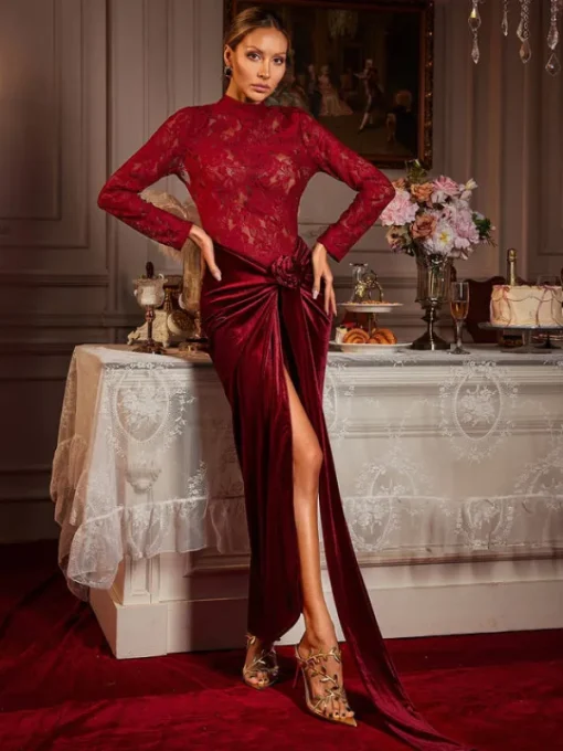 Maxi Dresses | Dresses*Mew Mews Fashion Eldrian Flower Ruched Split Lace Velvet Maxi Dress