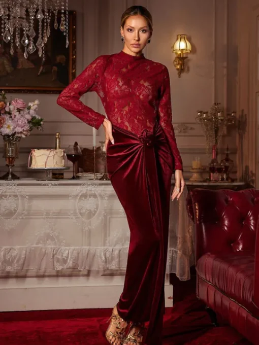 Maxi Dresses | Dresses*Mew Mews Fashion Eldrian Flower Ruched Split Lace Velvet Maxi Dress