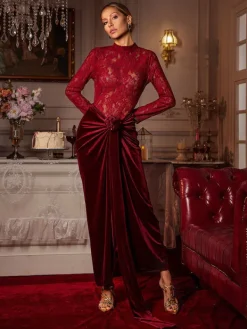 Maxi Dresses | Dresses*Mew Mews Fashion Eldrian Flower Ruched Split Lace Velvet Maxi Dress