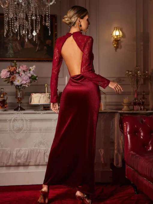 Maxi Dresses | Dresses*Mew Mews Fashion Eldrian Flower Ruched Split Lace Velvet Maxi Dress