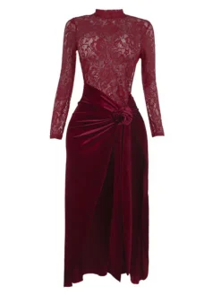 Maxi Dresses | Dresses*Mew Mews Fashion Eldrian Flower Ruched Split Lace Velvet Maxi Dress