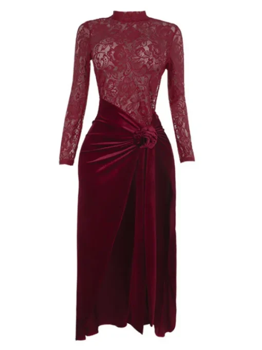 Maxi Dresses | Dresses*Mew Mews Fashion Eldrian Flower Ruched Split Lace Velvet Maxi Dress