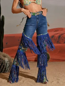 Shoes*Mew Mews Fashion Eleni Denim Fringe Printed Boots In Blue