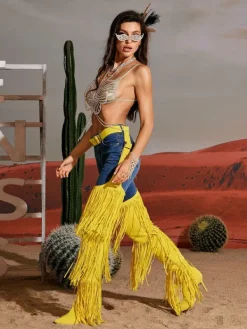 Shoes*Mew Mews Fashion Eleni Denim Fringe Printed Boots In Yellow