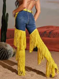 Shoes*Mew Mews Fashion Eleni Denim Fringe Printed Boots In Yellow