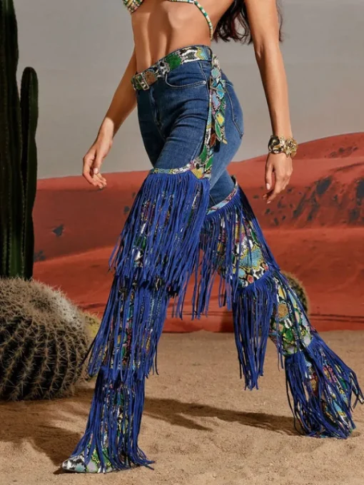 Shoes*Mew Mews Fashion Eleni Denim Fringe Printed Boots In Blue