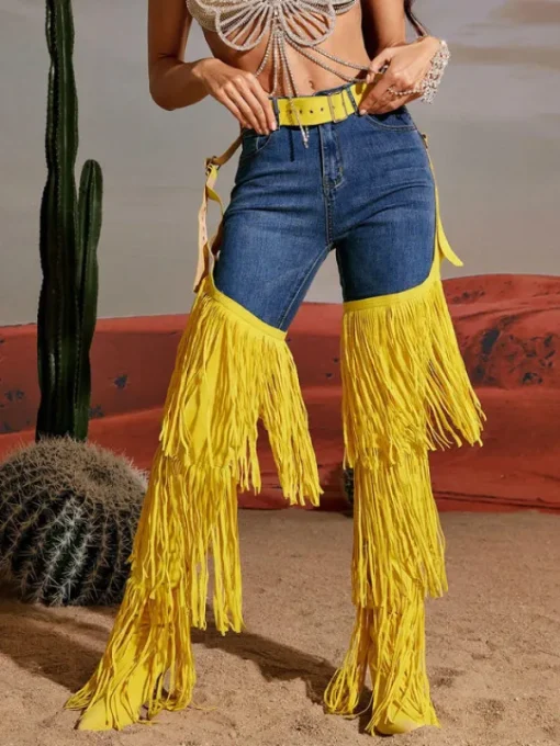 Shoes*Mew Mews Fashion Eleni Denim Fringe Printed Boots In Yellow