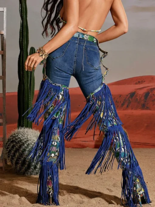 Shoes*Mew Mews Fashion Eleni Denim Fringe Printed Boots In Blue