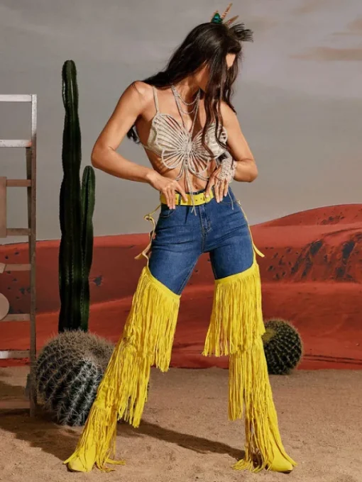 Shoes*Mew Mews Fashion Eleni Denim Fringe Printed Boots In Yellow