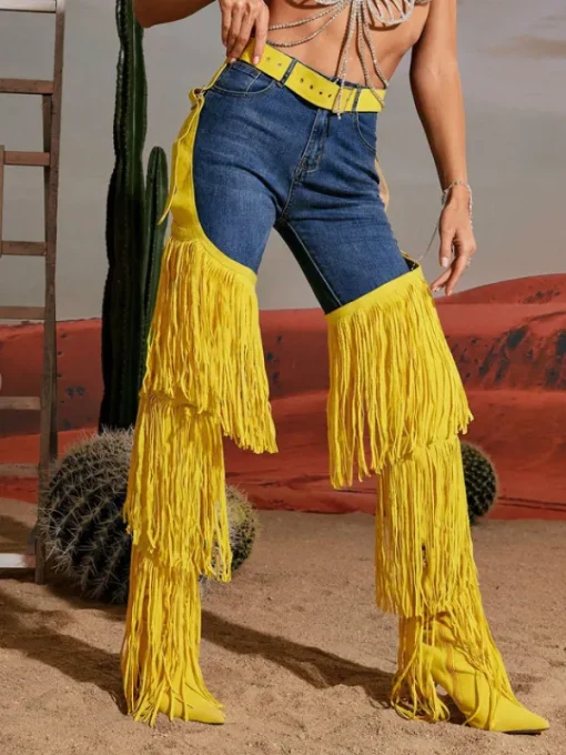 Shoes*Mew Mews Fashion Eleni Denim Fringe Printed Boots In Yellow