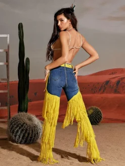 Shoes*Mew Mews Fashion Eleni Denim Fringe Printed Boots In Yellow