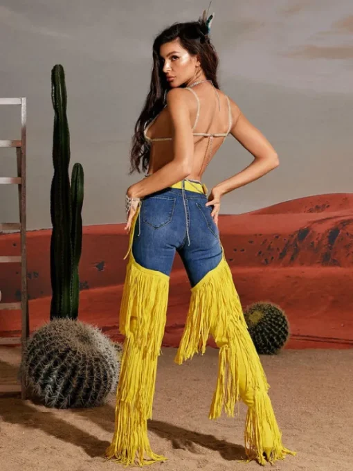 Shoes*Mew Mews Fashion Eleni Denim Fringe Printed Boots In Yellow