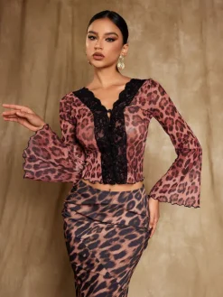 Tops*Mew Mews Fashion Elestren Flounce Sleeve Leopard Top