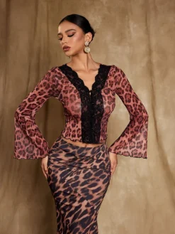 Tops*Mew Mews Fashion Elestren Flounce Sleeve Leopard Top