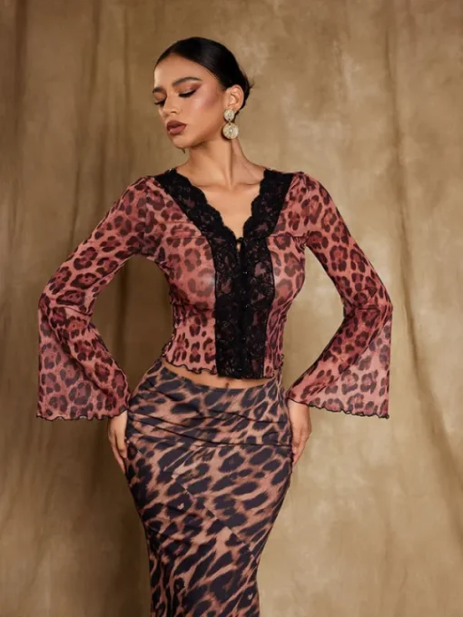 Tops*Mew Mews Fashion Elestren Flounce Sleeve Leopard Top
