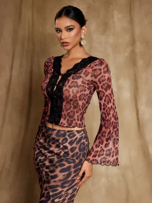 Tops*Mew Mews Fashion Elestren Flounce Sleeve Leopard Top