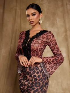 Tops*Mew Mews Fashion Elestren Flounce Sleeve Leopard Top