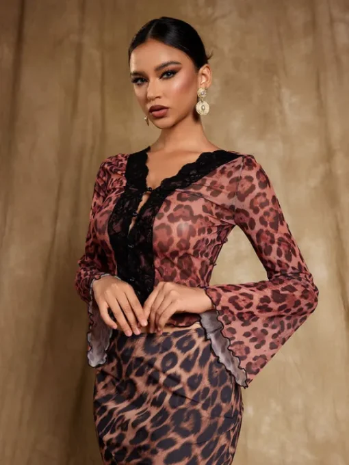 Tops*Mew Mews Fashion Elestren Flounce Sleeve Leopard Top