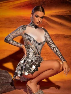 Embellishment | Dresses*Embellishment O/S Ella Long Sleeve Embellished Mini Dress In Silver