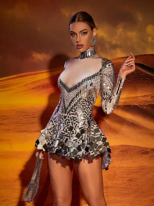 Embellishment | Dresses*Embellishment O/S Ella Long Sleeve Embellished Mini Dress In Silver