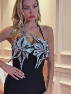 Dresses*Bandage Elspeta Halterneck Flower Crystal Dress