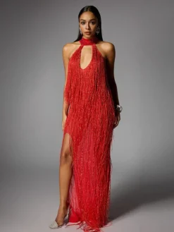 Dresses | Maxi Dresses*W Jia Elvrik Halterneck Fringe Cutout Split Maxi Dress In Red
